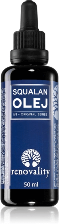 Renovality Original Series Squalan Olej 50ml body oil bottle with dropper for moisturizing and skin care.