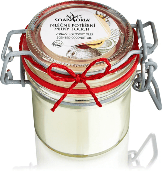 Soaphoria Milky Touch face oil in glass jar, enriched with coconut oil for moisturizing and nourishing skin care routine.