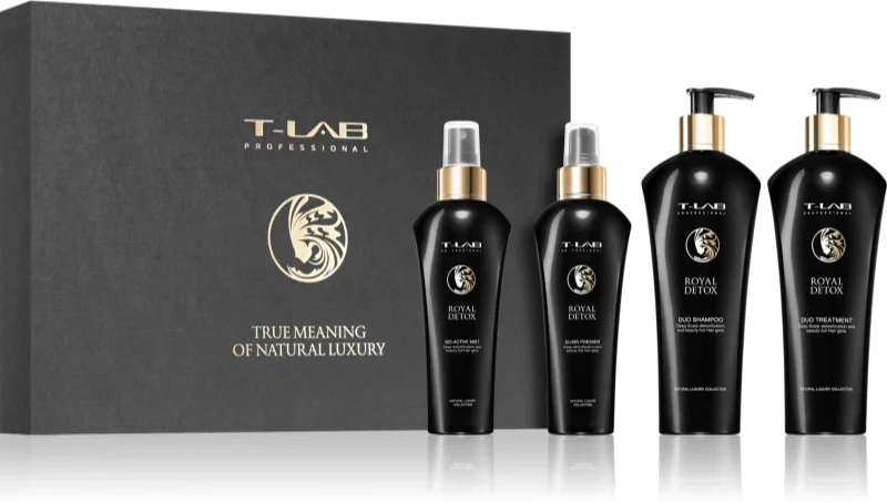 T-LAB Professional Royal Detox hair care set with shampoo, balsam, protective spray, and oil in elegant black packaging.