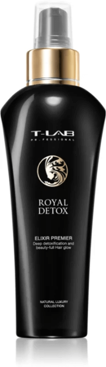 T-LAB Professional Royal Detox hair oil bottle with luxurious design, offering smoothing and nourishing benefits for shiny, protected hair.