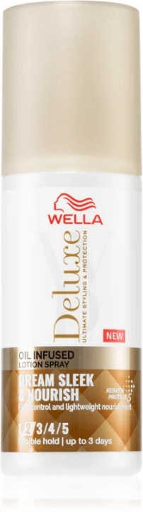 Wella Deluxe Dream Sleek & Nourish Hair Oil Spray with rare oils for frizz control and lightweight nourishment up to 3 days.