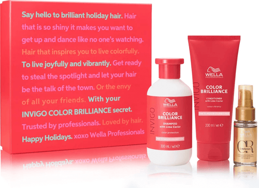 Wella Professionals Invigo Color Brilliance hair care set with shampoo, conditioner, and smoothing oil for vibrant, shiny hair.