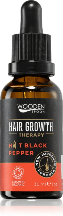WoodenSpoon Therapy Hair Growth serum with hot black pepper for stimulating hair growth and strengthening hair, 30 ml bottle.