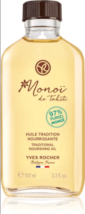 Yves Rocher Monoi de Tahiti nourishing oil bottle, 97% natural ingredients, enhances tan and shines hair, 100ml.