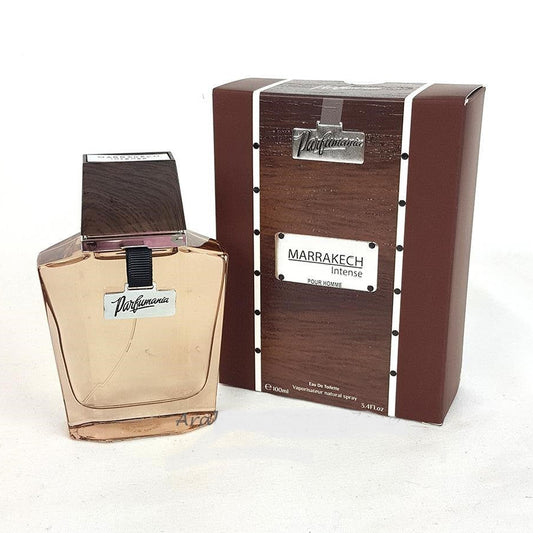 A bottle of Marrakech Intense Pour Homme 100ml EDP Spray Perfume alongside its packaging box.