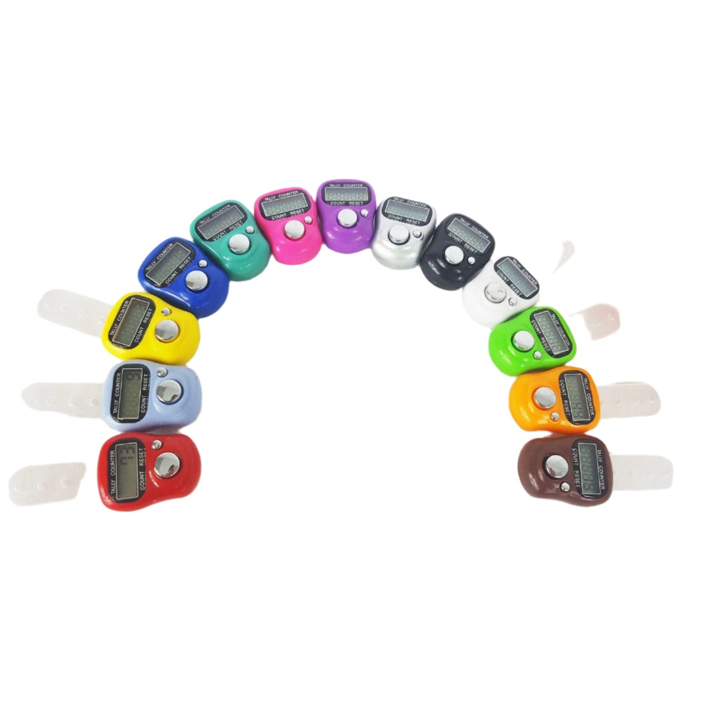 Colorful digital pedometers arranged in a circular pattern on a white background with flowers.