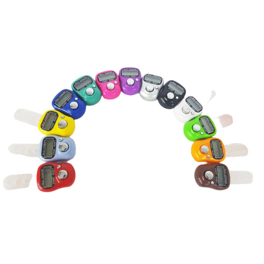 Colorful digital pedometers arranged in a circular pattern on a white background with flowers.