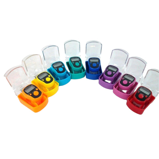 Colorful digital beepers arranged in a semi-circle on a white background