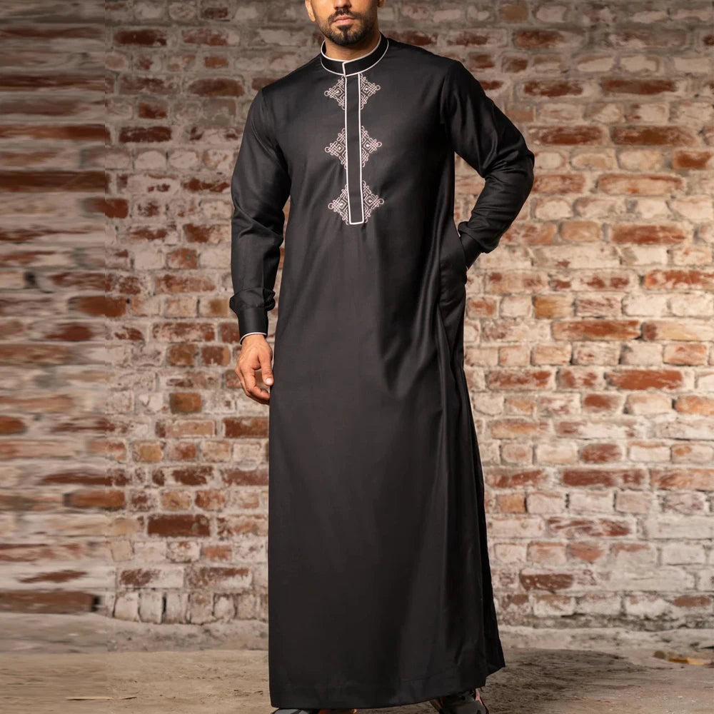 Stylish Arab Robe New 2025 Men's Black Long-Sleeved Classic Embroidery Robe Arabic Style ...