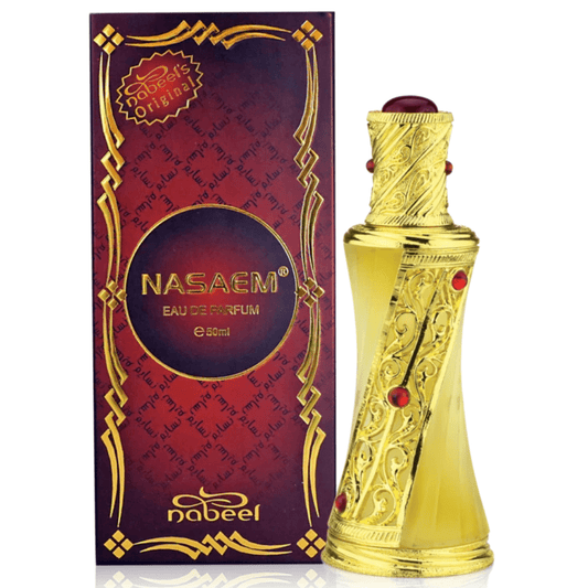 Gold Nasaem perfume bottle with red accents and matching box on a white background