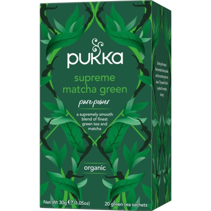 Pukka Supreme Matcha Green tea box with green leaf design on a white background