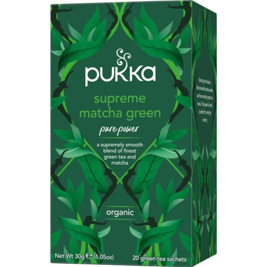 Pukka Supreme Matcha Green tea box with green leaf design on a white background