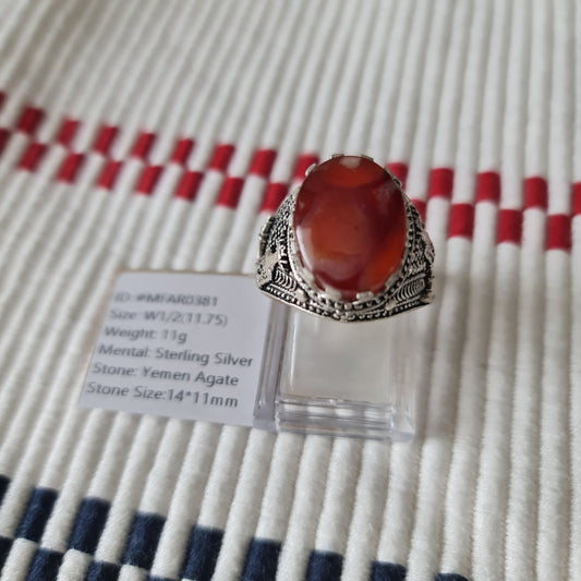 Yemeni Rare Genuine Agate 925 Silver Men's Ring MFAR0381