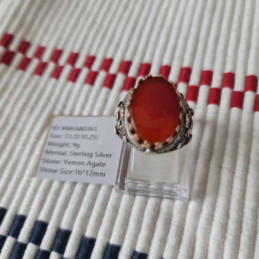 Yemeni Rare Genuine Agate 925 Silver Men's Ring MFAR0361