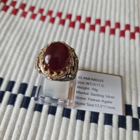 Yemeni Rare Genuine Agate 925 Silver Men's Ring MFAR0325
