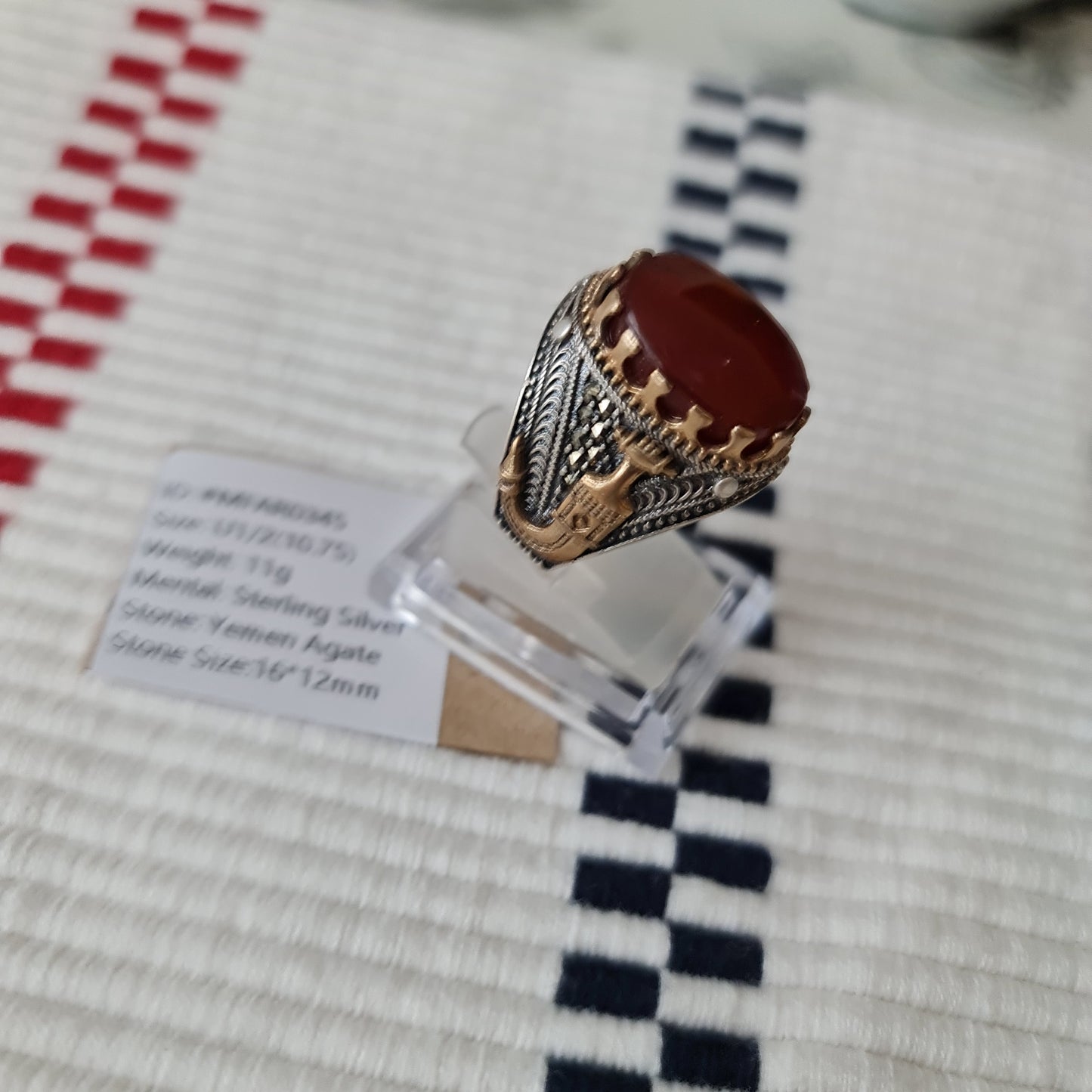 Yemeni Rare Genuine Agate 925 Silver Men's Ring MFAR0345