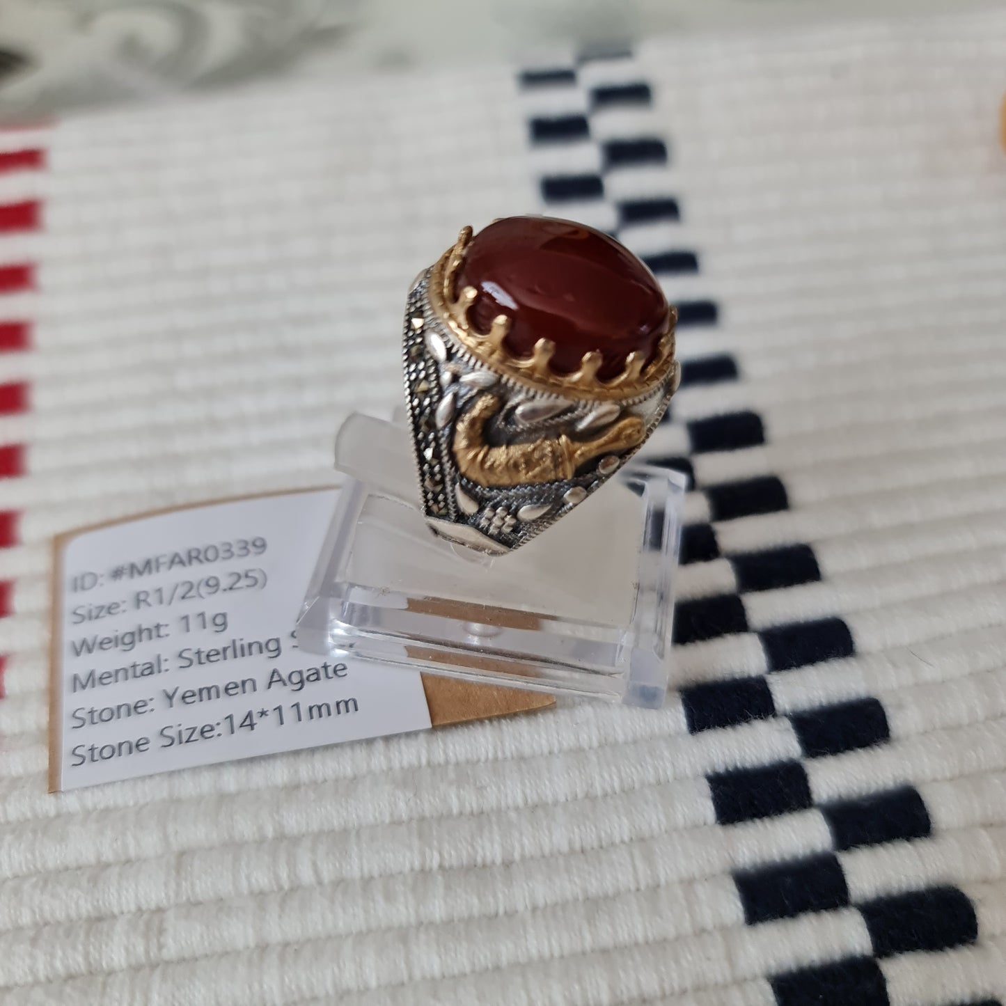 Yemeni Rare Genuine Agate 925 Silver Men's Ring MFAR0339