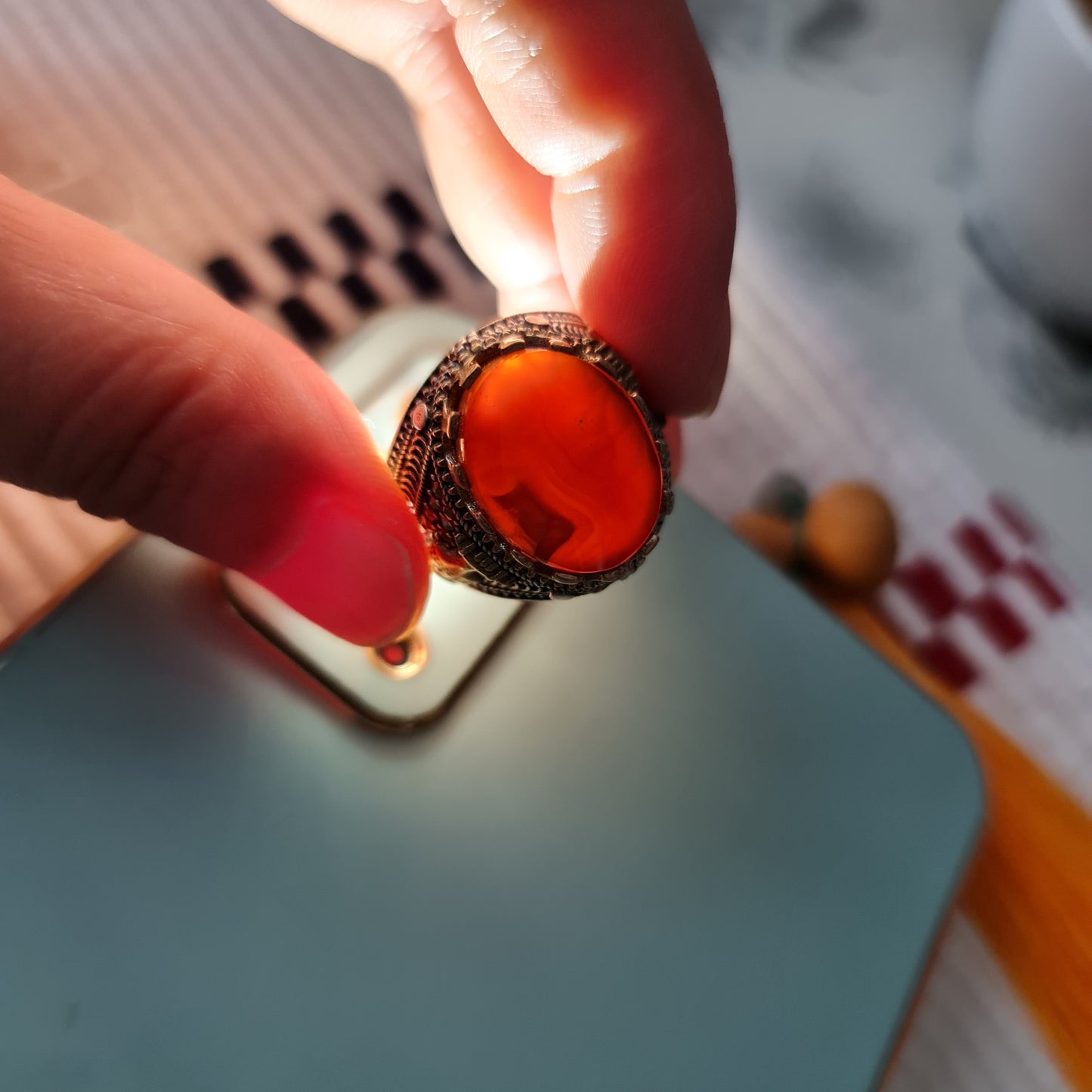 Yemeni Rare Genuine Agate 925 Silver Men's Ring MFAR0345
