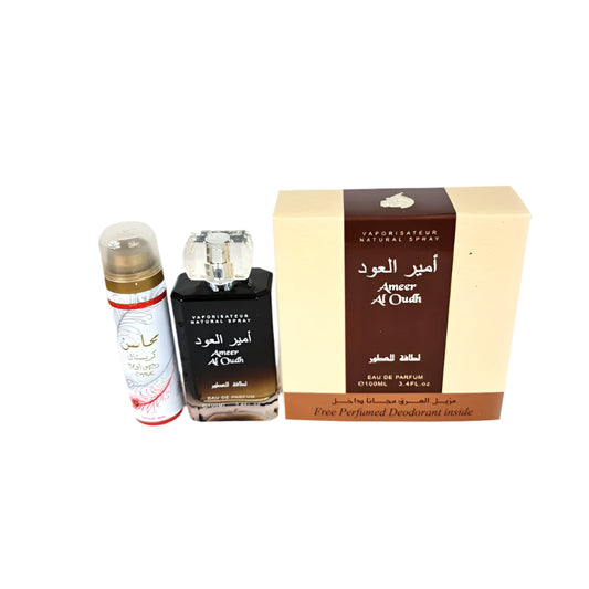 Ameer AL Oudh 100ml EDP Spray Perfume + Deodorant by Lattafa - Arabian Shopping Zone