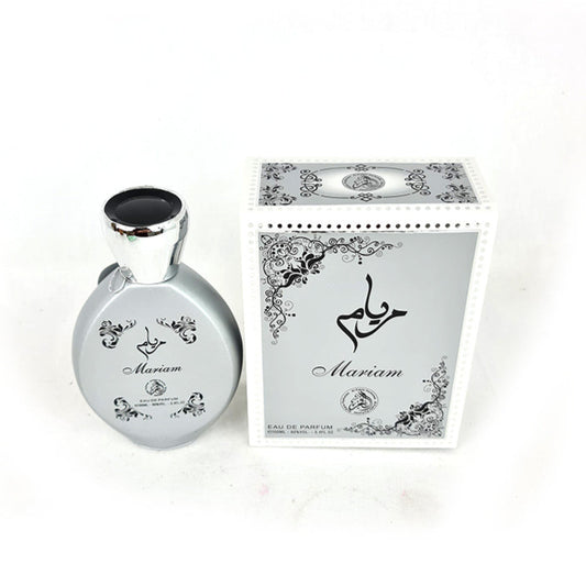 A unisex 100ml EDP spray perfume bottle with the brand name Mariam inscribed on it, alongside its boxed packaging.