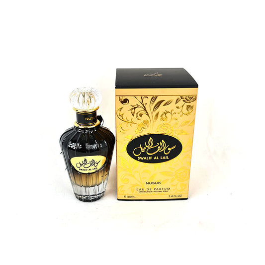 A bottle of Swalif Al Lail unisex 100ml EDP next to its packaged box, both featuring a gold and yellow design with Arabic script.
