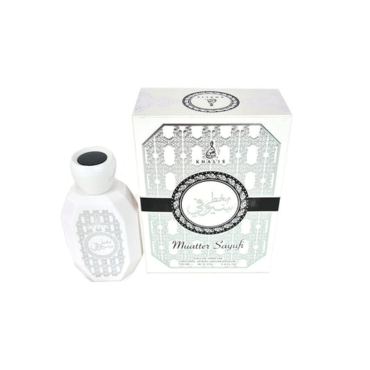 A 100ml bottle of Khalis Muatter Sayufi perfume for men, accompanied by its boxed packaging with Arabic designs.