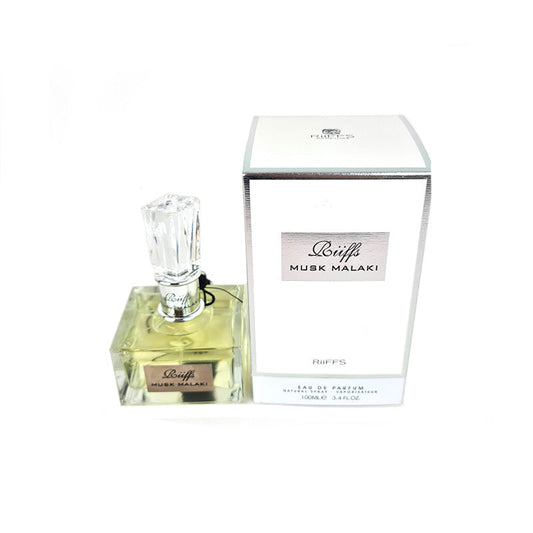 A bottle of RiiFFS Musk Malaki Unisex 100ml EDP Spray Perfume alongside its packaging box. The bottle is transparent with a clear cap, and the box is silver and white with the brand name and product title visible.