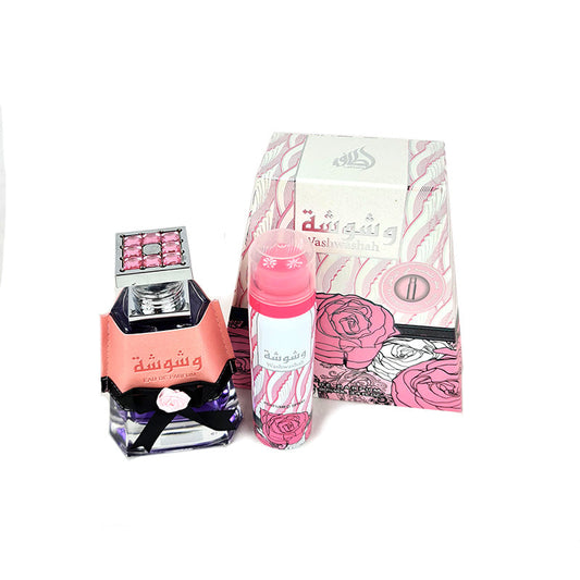A perfume and deodorant spray set by Lattafa, with the perfume bottle in pink and purple colors and the deodorant spray bottle in pink, both presented with packaging that has floral graphics.