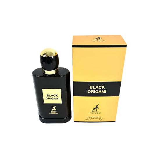 A bottle of Maison Alhambra Black Origami 100ml Spray EDP next to its yellow packaging box with the product name and logo on it.