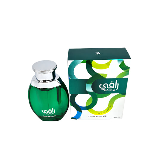 A 100ml EDP bottle with a green label and silver cap, next to its packaging box with a green and white design.