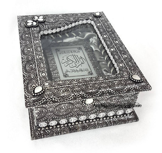 10" Muslim Quran Decorated Storage Box With Glass Lid (BOOK INCLUDED) - Islamic Shop