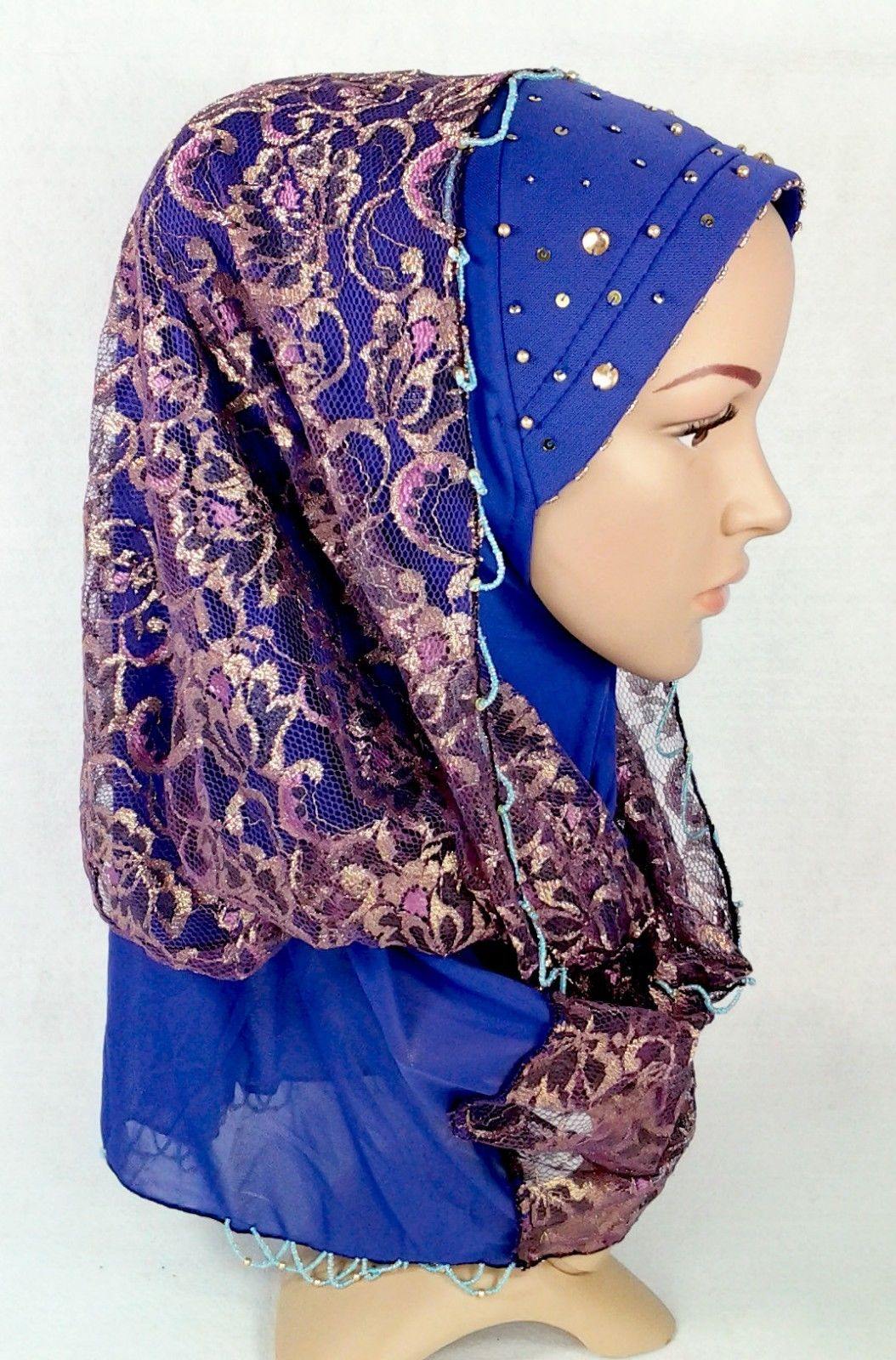 New Lace NET Yarn RhineStone Elegant Loop Hijab Islamic Headwear Scarf Shawls - Arabian Shopping Zone