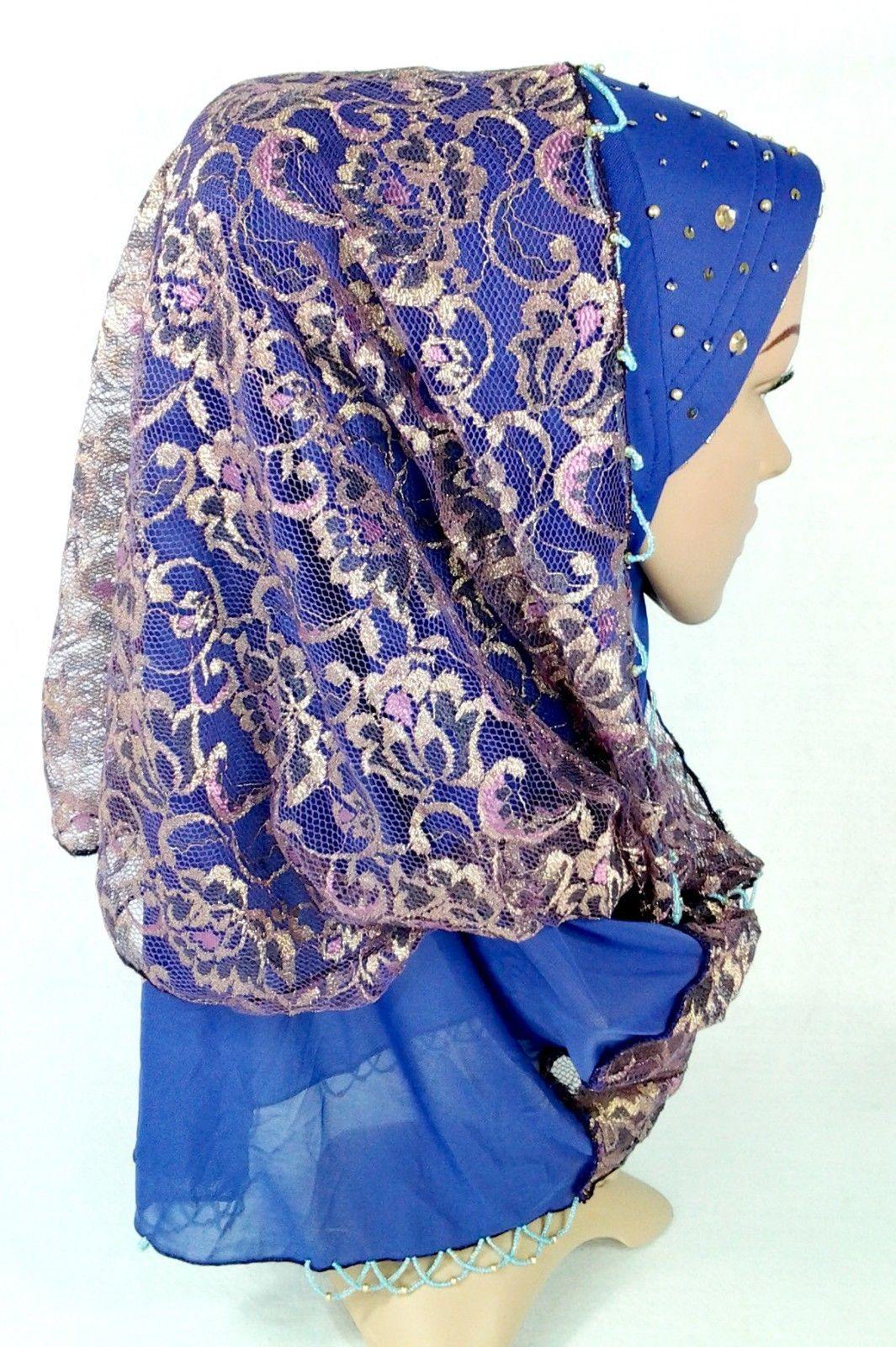 New Lace NET Yarn RhineStone Elegant Loop Hijab Islamic Headwear Scarf Shawls - Arabian Shopping Zone