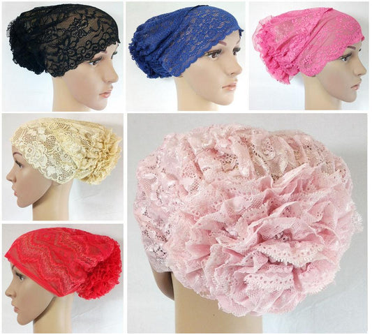NEW Full Lace Muslim Inner Hijab Caps Flower-Back Islamic Underscarf Hats - Arabian Shopping Zone