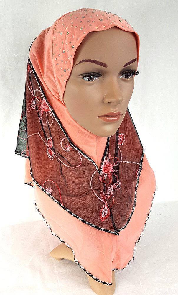 Lace Crystal Hemp Muslim Girl Amira Hijab Islamic Scarf Shawls Perfect Teenagers - Arabian Shopping Zone