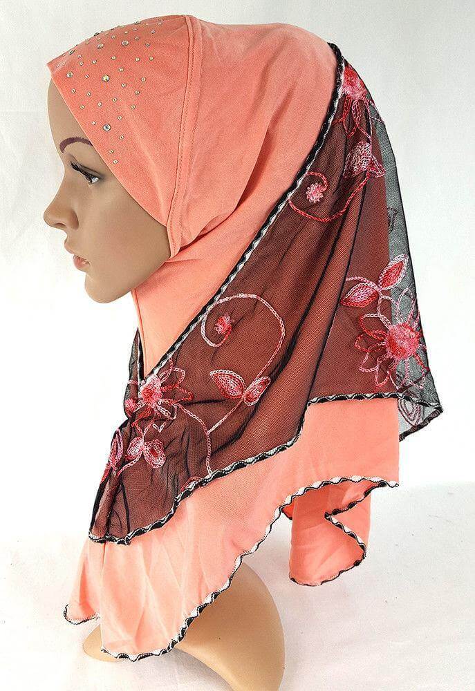 Lace Crystal Hemp Muslim Girl Amira Hijab Islamic Scarf Shawls Perfect Teenagers - Arabian Shopping Zone