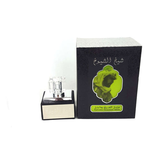 A 50ml bottle of Sheikh Shuyukh EDP spray perfume by Lattafa Perfumes, displayed in front of its black packaging box with a green floral design. The bottle is clear with a silver cap, and the box has Arabic script and a green icon on it.